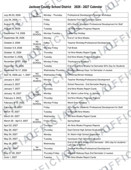 Jackson County School District 2026-27 calendar