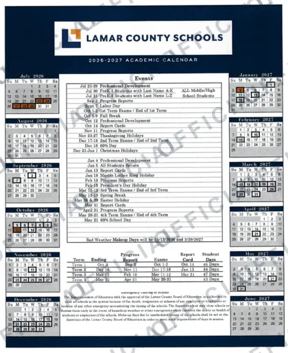 Lamar County Schools 2026-27 calendar