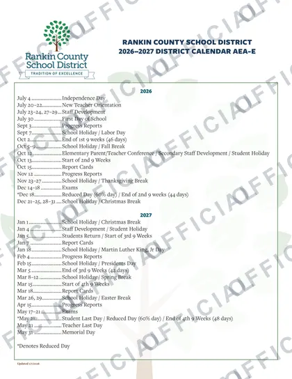 Rankin County School District 2026-27 calendar
