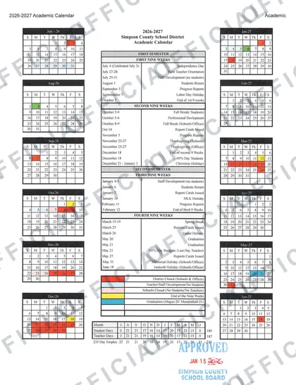 Simpson County School District 2026-27 calendar