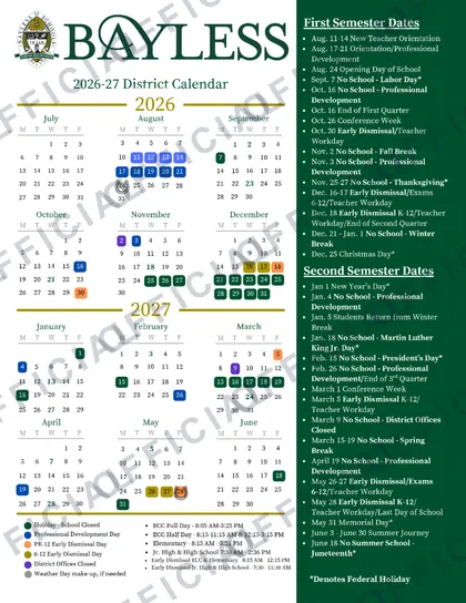 Bayless School District 2026-27 calendar
