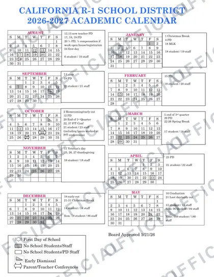 California R-1 School District 2026-27 calendar