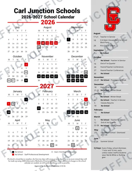 Carl Junction Schools 2026-27 calendar