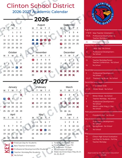 Clinton School District 2026-27 calendar