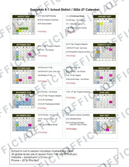 Doniphan R-1 School District 2026-27 calendar