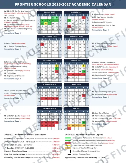 Frontier Schools 2026-27 calendar