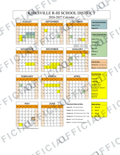 Kirksville R-III School 2026-27 calendar