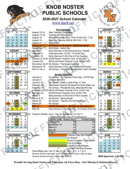 Knob Noster Public Schools 2026-27 calendar