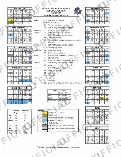 MOBERLY PUBLIC SCHOOLS 2026-27 calendar