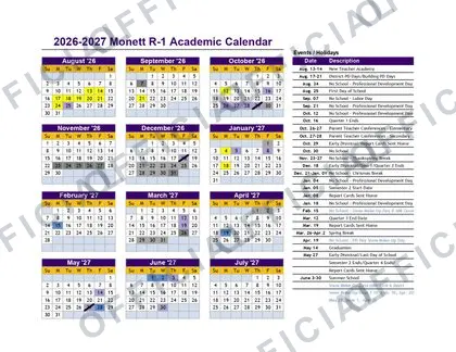 Monett R-1 School 2026-27 calendar