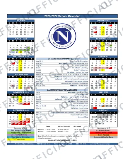 Northwest School District 2026-27 calendar