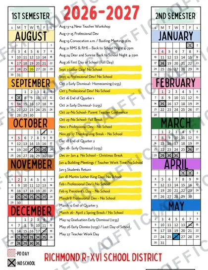 RICHMOND R-XVI SCHOOL DISTRICT 2026-27 calendar