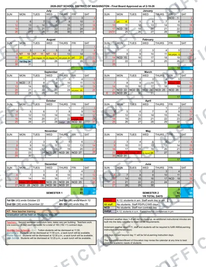 School District of Washington 2026-27 calendar