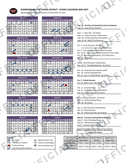 Warrensburg R-VI School District 2026-27 calendar