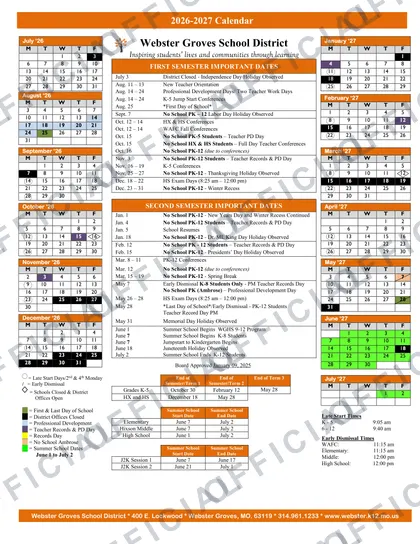 Webster Groves School District WGSD 2026-27 calendar