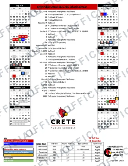 Crete Public Schools 2026-27 calendar