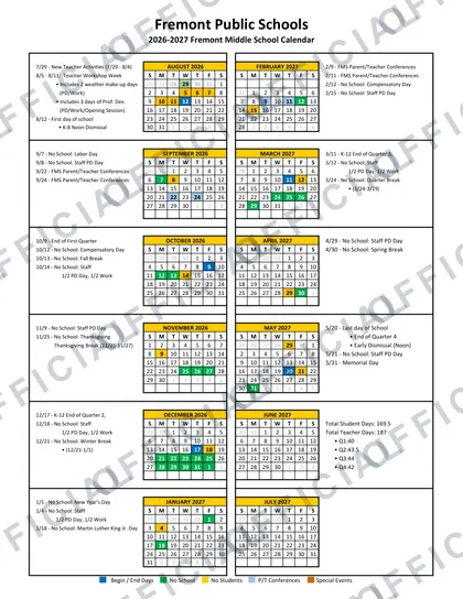 Fremont Middle School 2026-27 calendar
