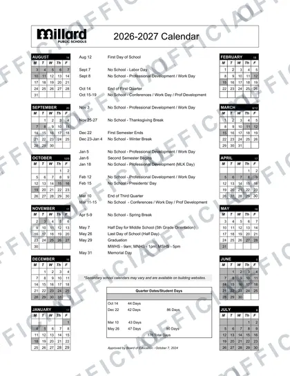 Millard Public Schools 2026-27 calendar