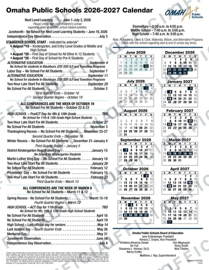 Omaha Public Schools 2026-27 calendar