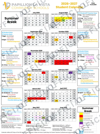 Papillion La Vista Community Schools 2026-27 calendar