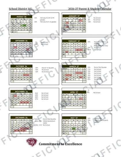 School District 145 2026-27 calendar