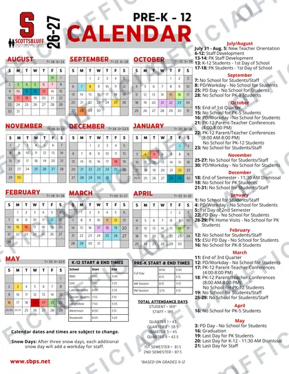 Scottsbluff Public Schools 2026-27 calendar