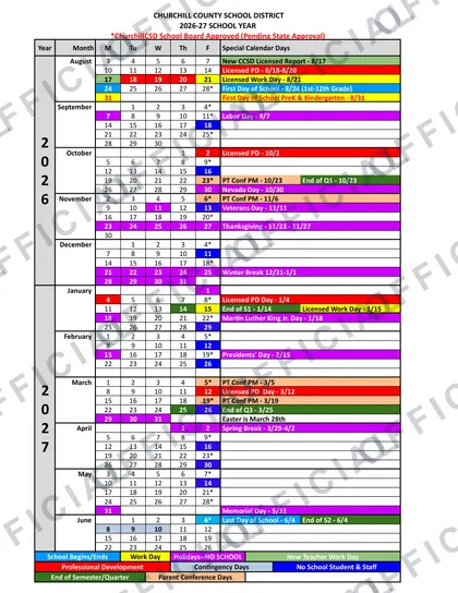 Churchill County School District 2026-27 calendar