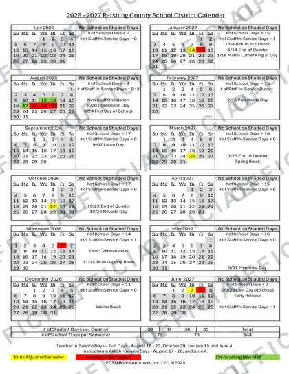 Pershing County School District 2026-27 calendar