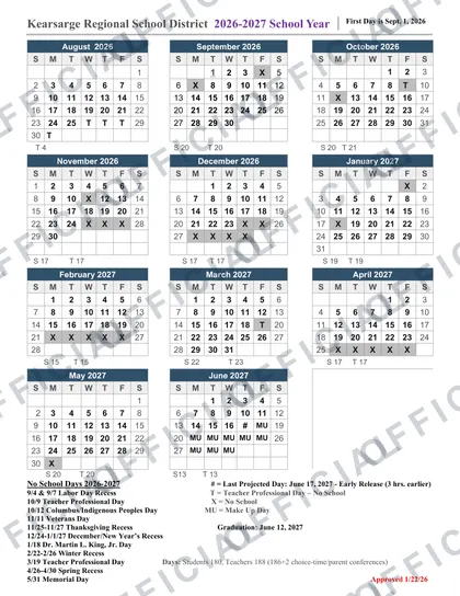 Kearsarge Regional School District 2026-27 calendar