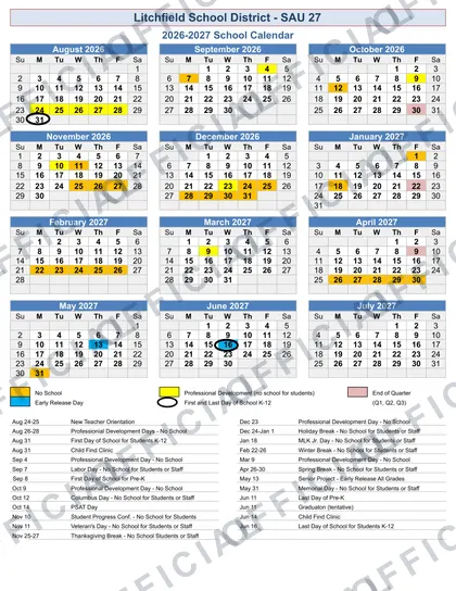 Litchfield School District - SAU 27 2026-27 calendar