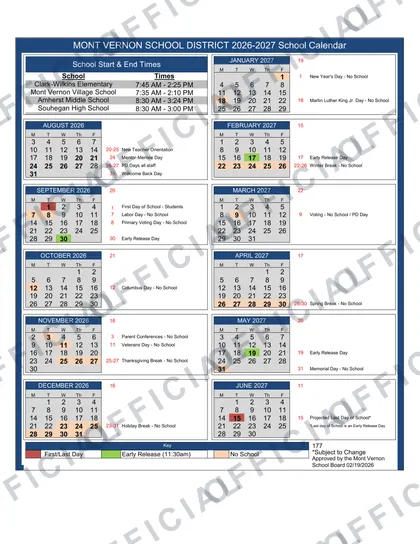 Mount MT Vernon School SAU39 2026-27 calendar