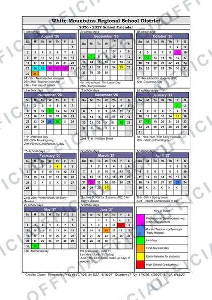 White Mountains Regional School SAU 36 2026-27 calendar
