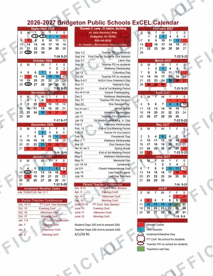 Bridgeton Public Schools 2026-27 calendar