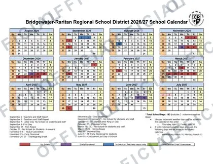 Bridgewater-Raritan Regional School 2026-27 calendar