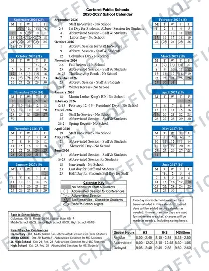 Carteret Public Schools 2026-27 calendar