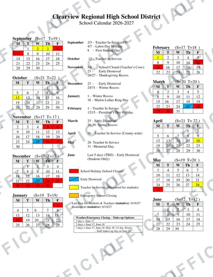 Clearview Regional High School District 2026-27 calendar