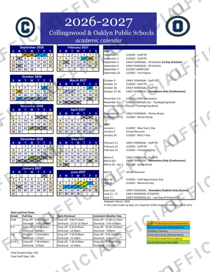Collingswood & Oaklyn Public Schools 2026-27 calendar