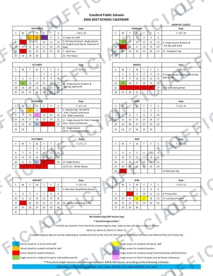 Cranford Public Schools 2026-27 calendar