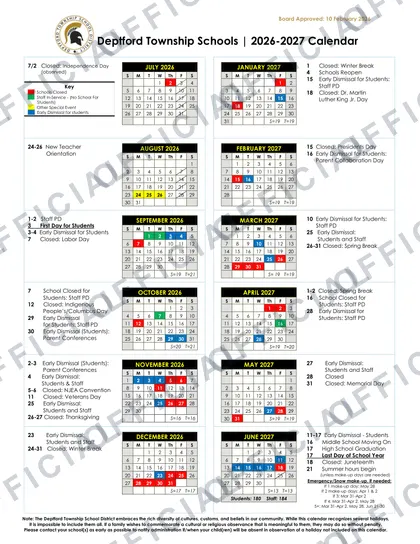 Deptford Township Schools 2026-27 calendar