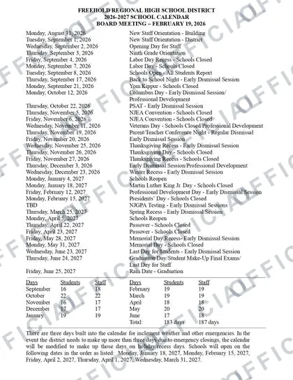 FREEHOLD REGIONAL HIGH SCHOOL DISTRICT 2026-27 calendar