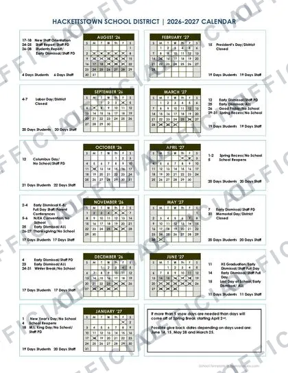 Hackettstown School District 2026-27 calendar