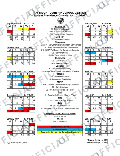 HARRISON TOWNSHIP SCHOOL DISTRICT 2026-27 calendar