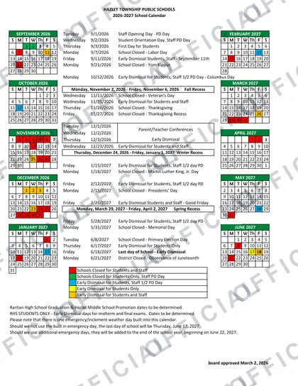 Hazlet Township Public Schools 2026-27 calendar