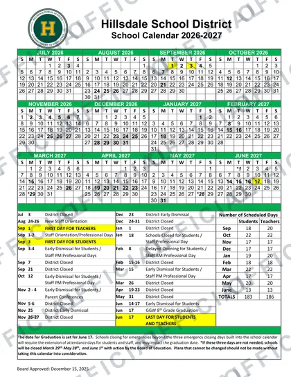 Hillsdale School District 2026-27 calendar