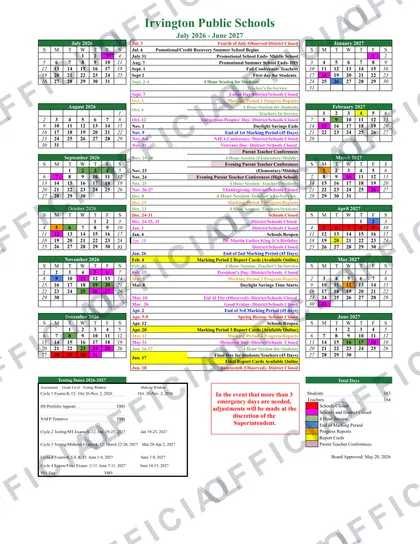 Irvington Public Schools 2026-27 calendar