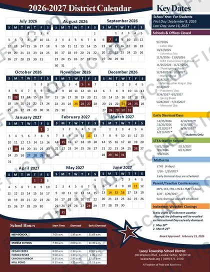 Lacey Township School District 2026-27 calendar