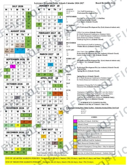 Lawrence Township Public Schools 2026-27 calendar