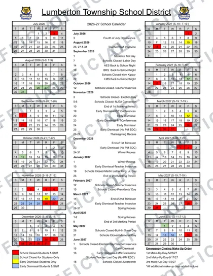 Lumberton Township School District 2026-27 calendar