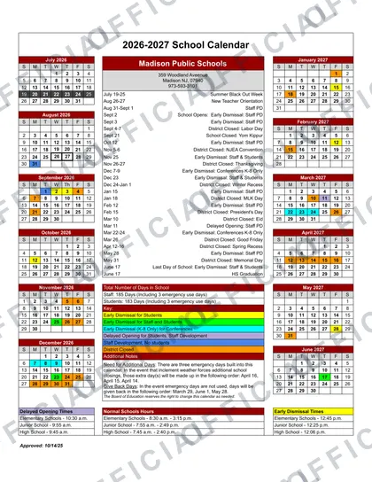 Madison Public Schools 2026-27 calendar