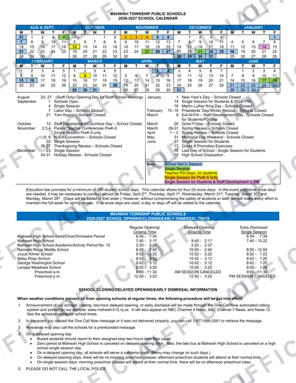Mahwah Township Public Schools 2026-27 calendar